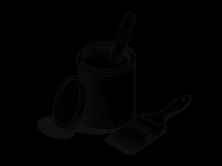 An open paint tin with a stirring stick and a flat brush beside it