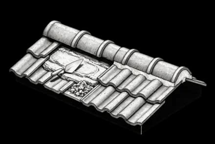 Cutaway of a tile roof ridge with the capping lifted on one section, showing the fresh mortar bed underneath and the old crumbled pointing removed